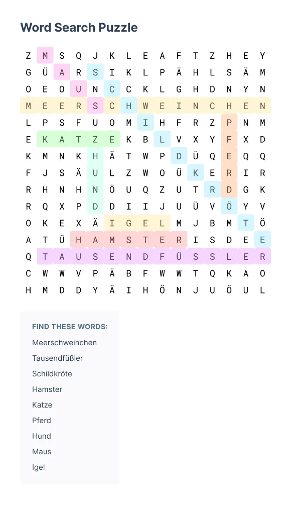 Deutsches Wörtersuchgitter mit Umlauten