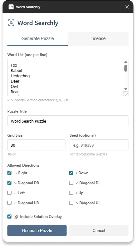 Word Searchly Plugin-Oberfläche